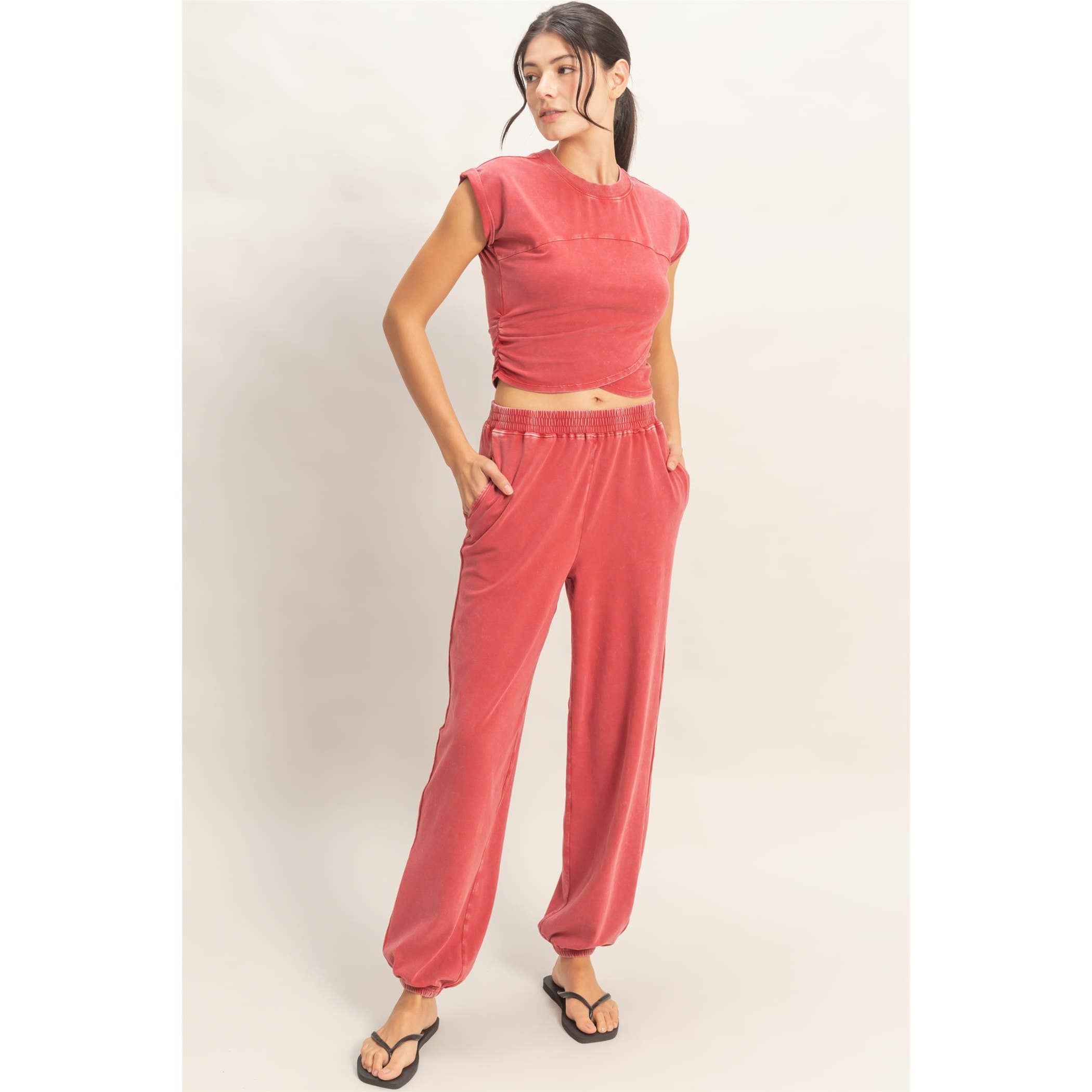 Rolled Sleeve Wrap-Front Crop Top And Jogger Set: SAGE GREEN / S-M-L(2-2-2)