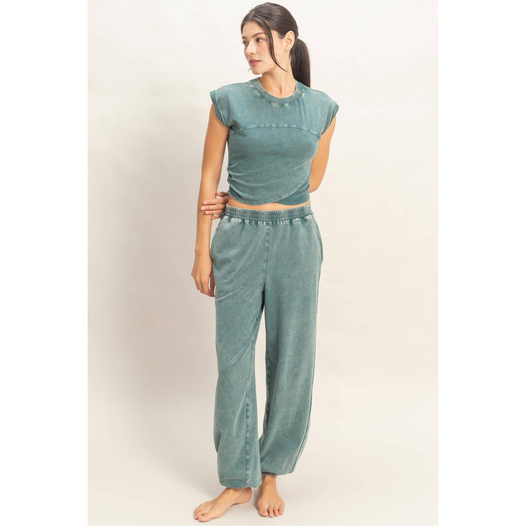 Rolled Sleeve Wrap-Front Crop Top And Jogger Set: SAGE GREEN / S-M-L(2-2-2)