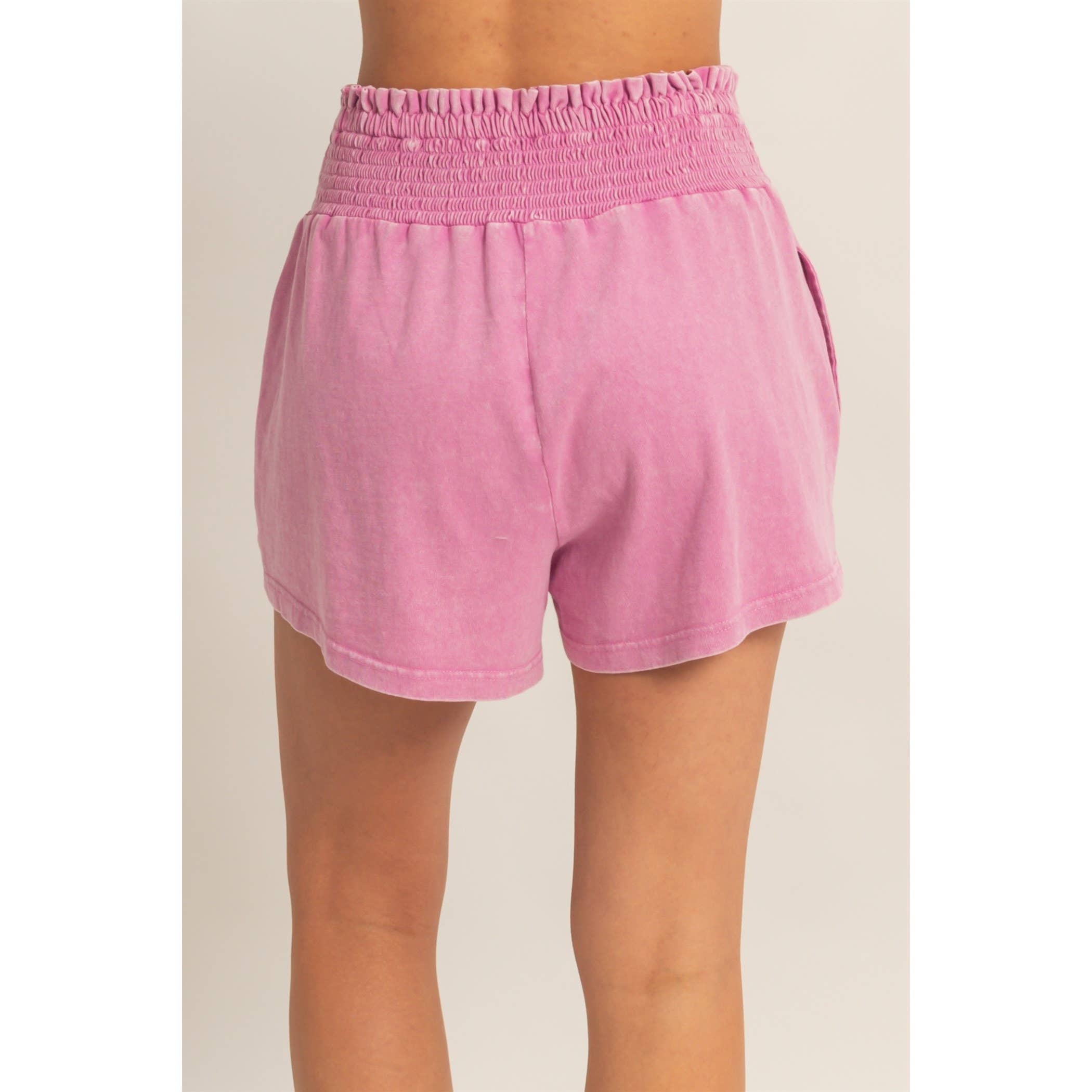 Smocked Waist Mineral Wash Shorts: FUCHSIA / S-M-L(2-2-2)