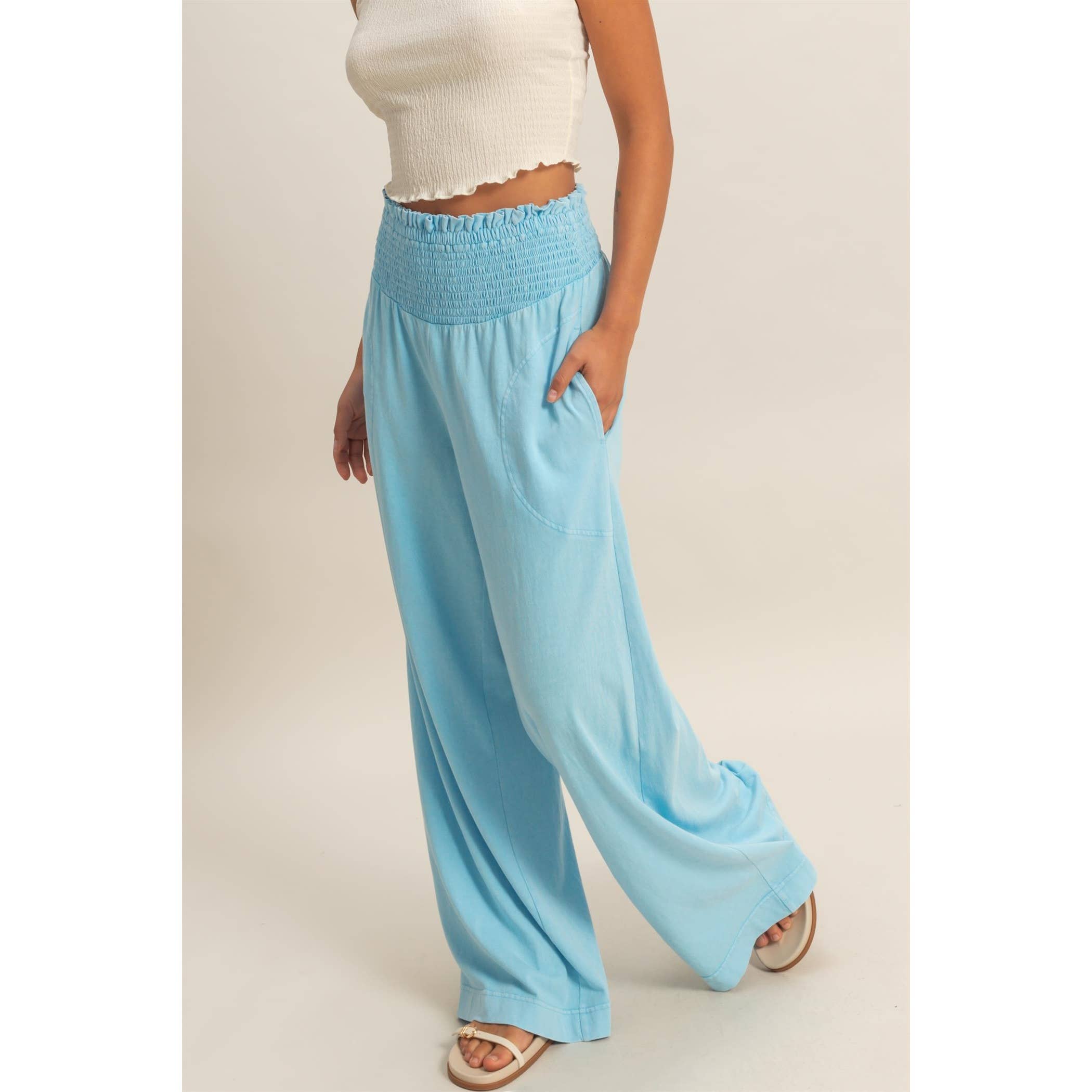 Mineral Washed Wide-Leg Smocked Waist Pants: SOFT PINK / S-M-L(2-2-2)