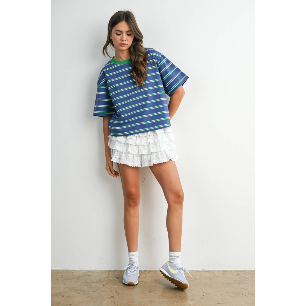 Striped Boxy Cropped T-Shirt - BMT8347: GREEN / PINK / S