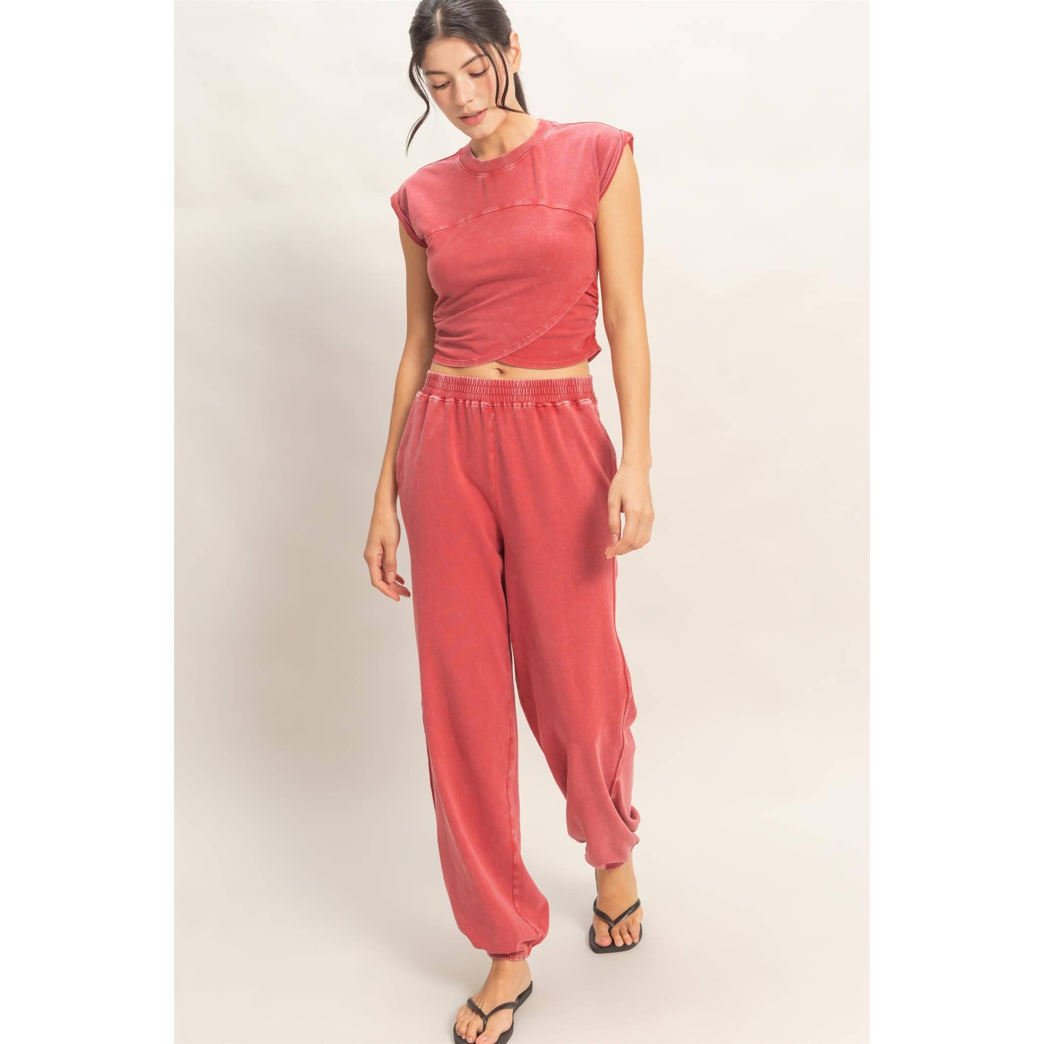 Rolled Sleeve Wrap-Front Crop Top And Jogger Set: SAGE GREEN / S-M-L(2-2-2)
