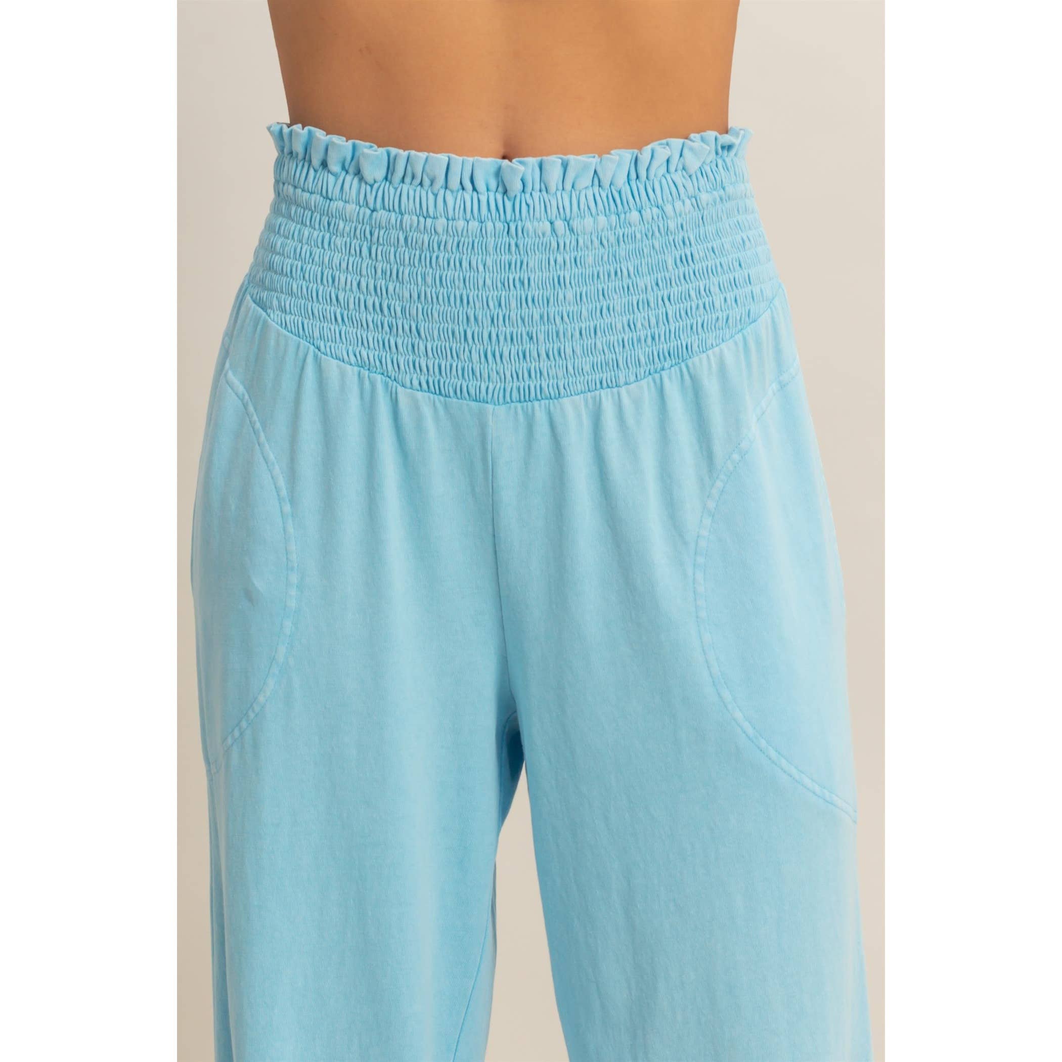 Mineral Washed Wide-Leg Smocked Waist Pants: SOFT PINK / S-M-L(2-2-2)