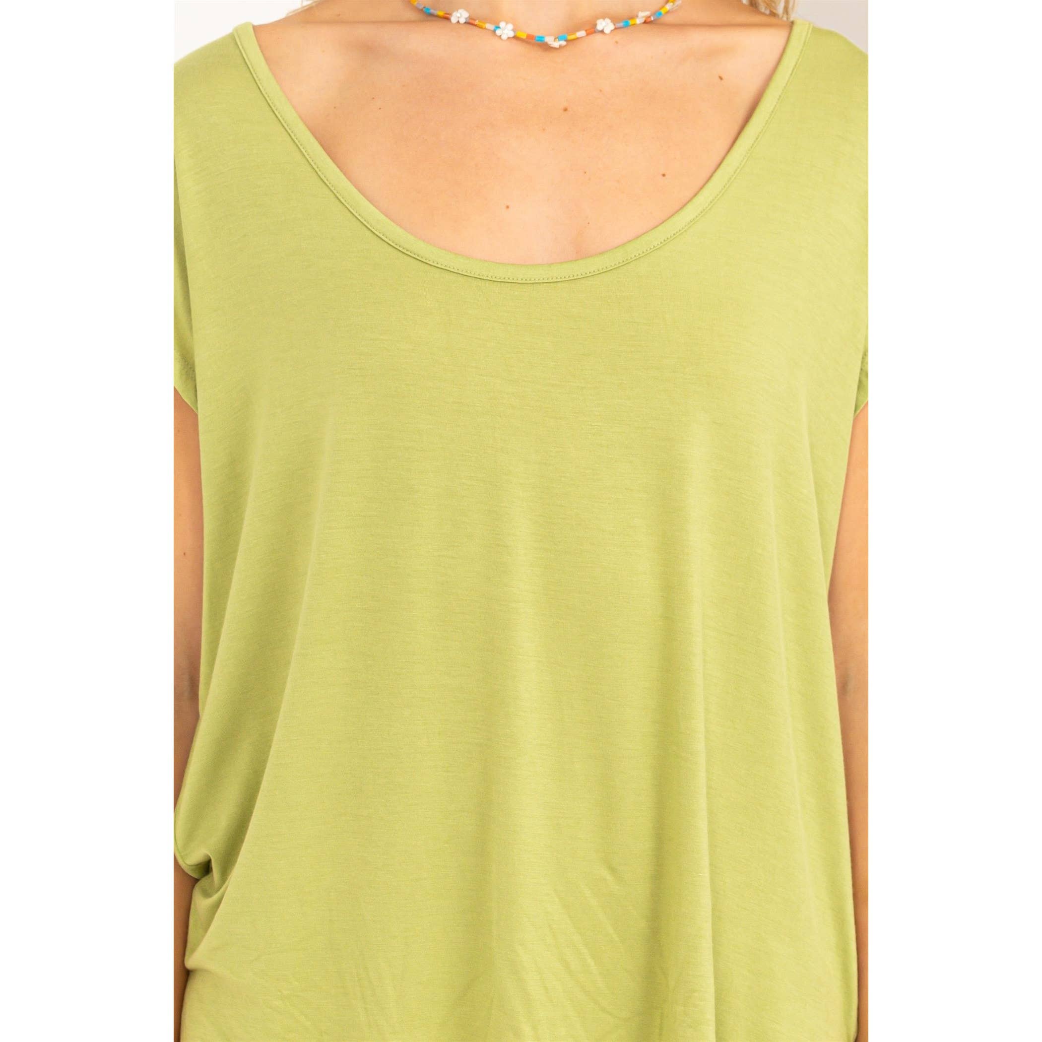 Scoop Neck Short Sleeves Top: PALE OLIVE / S-M-L(2-2-2)