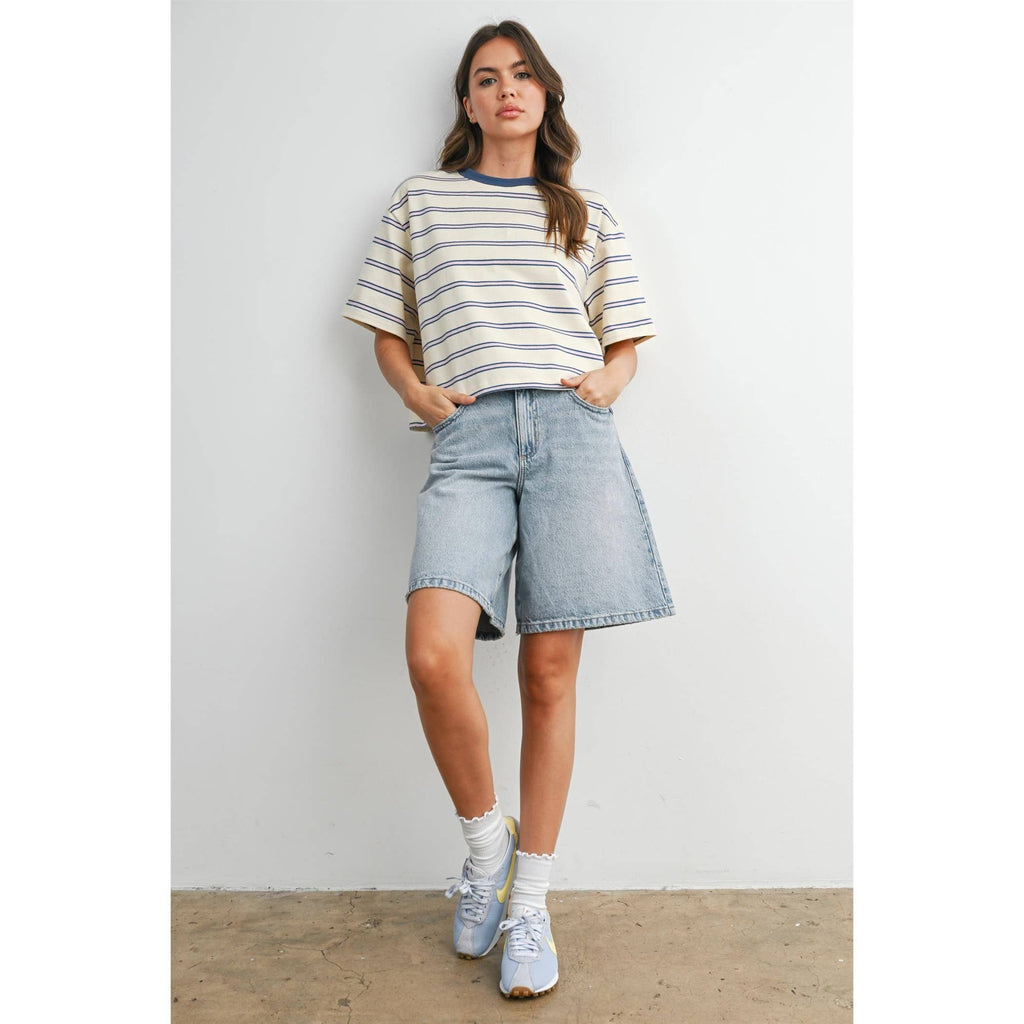 Striped Boxy Cropped T-Shirt - BMT8347: GREEN / PINK / S