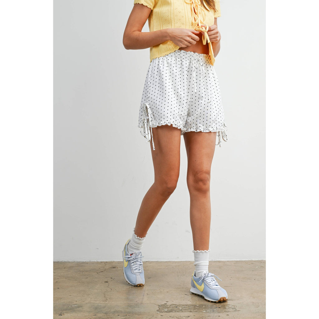 Polka Dot Ruffle Hem Tie-Side Shorts - BMP8189: IVORY / BLACK / S