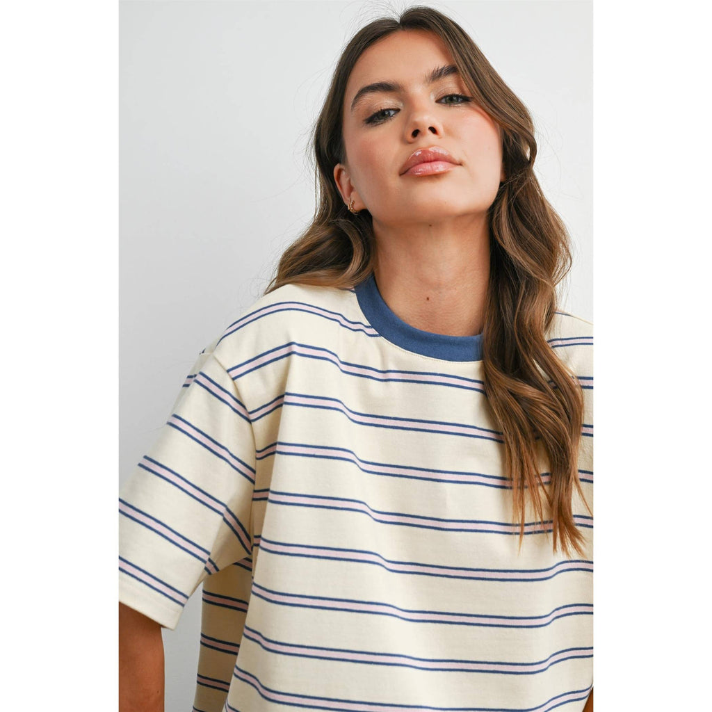 Striped Boxy Cropped T-Shirt - BMT8347: GREEN / PINK / S